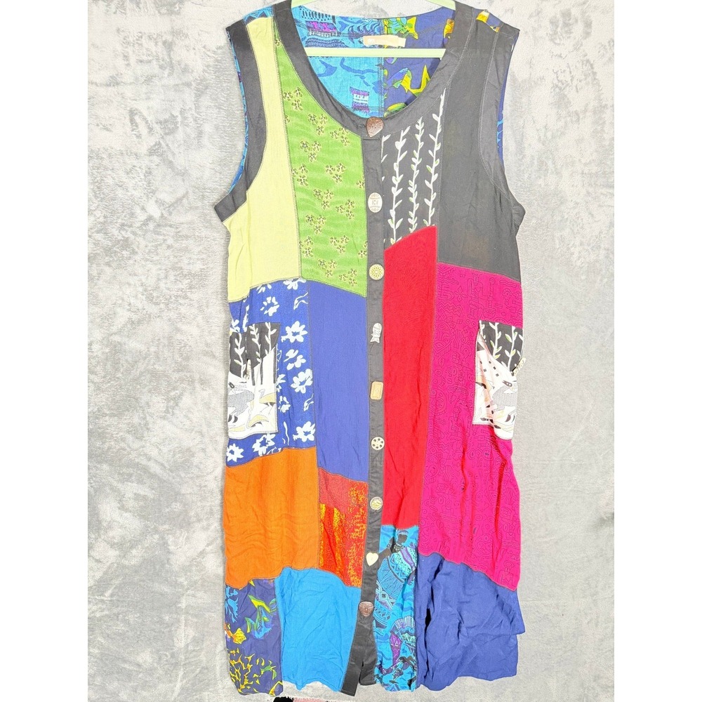 LA CERA Womens Dress Sleeveless V Neck 2X Multicolor Patchwork Rayon Bohemian